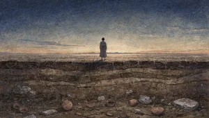 A lone figure standing at the edge of a vast open field at blue hour dusk, looking toward the horizon, with archaeological strata visible beneath the earth