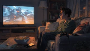 A person sitting alone in a dark living room, bathed in the glow of a television screen, contemplative and surrounded by the comfortable detritus of an evening in