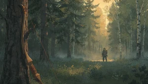 A lone hunter standing in the distance at the edge of a misty forest at dawn, a worn recurve bow leaning against a tree trunk in the foreground