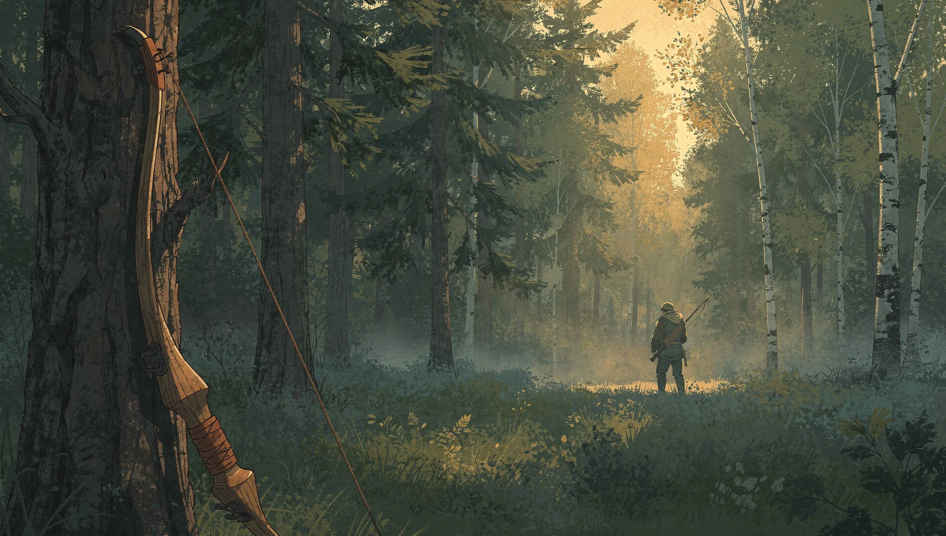 A lone hunter standing in the distance at the edge of a misty forest at dawn, a worn recurve bow leaning against a tree trunk in the foreground
