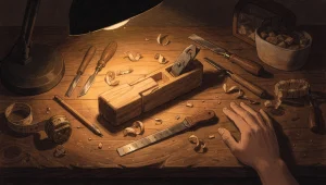 Overhead view of a craftsperson's warm workbench with tools, a half-finished wooden object, and hands paused beside the work