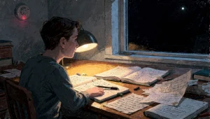 A person sitting alone at a cluttered desk late at night, a smoke detector blinking on the wall, an ambiguous light in the dark sky through the window