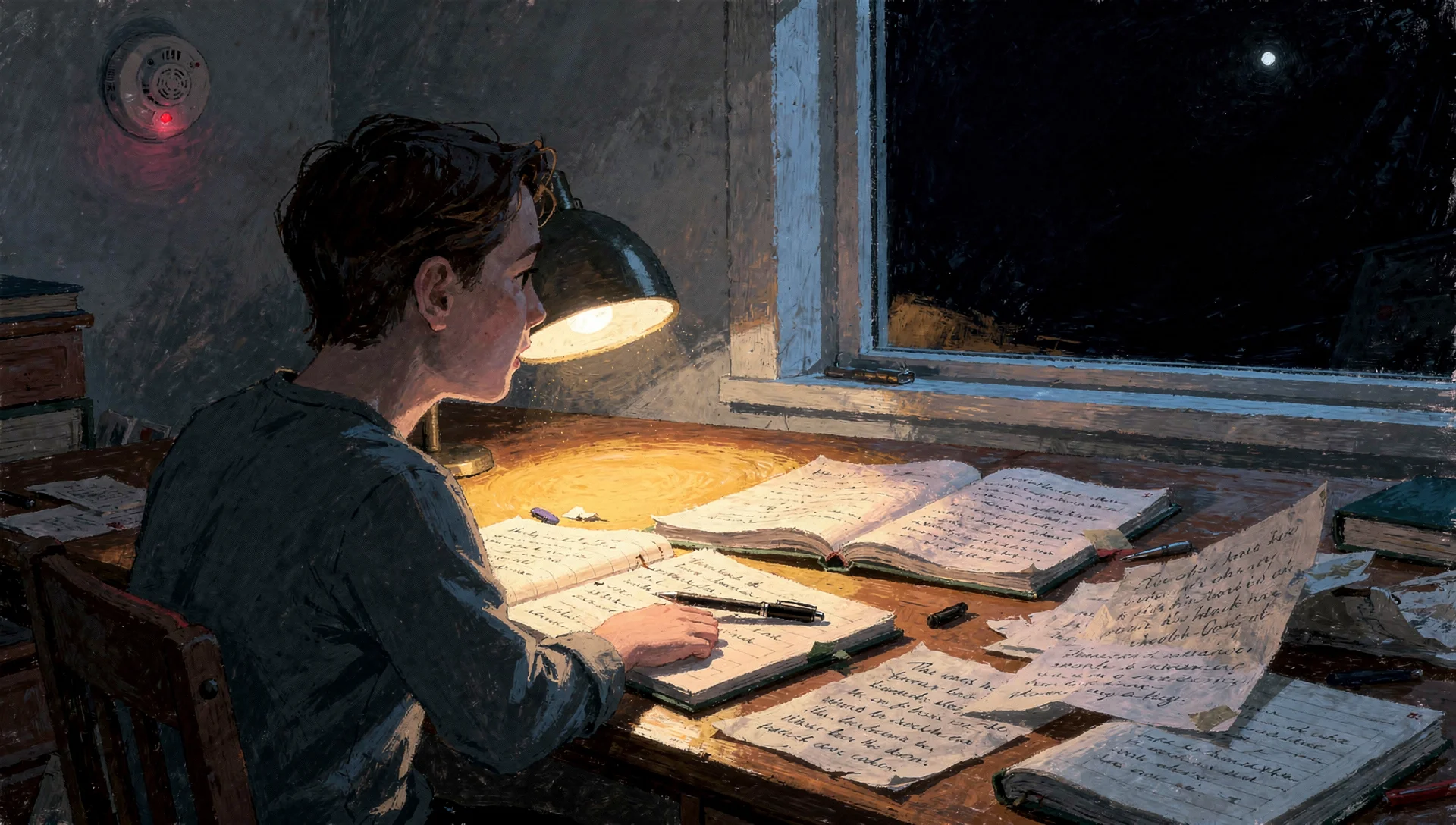 A person sitting alone at a cluttered desk late at night, a smoke detector blinking on the wall, an ambiguous light in the dark sky through the window