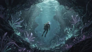 A lone figure in a diving suit drifting through a vast bioluminescent underwater world, small against the deep teal and midnight blue ocean surrounding them