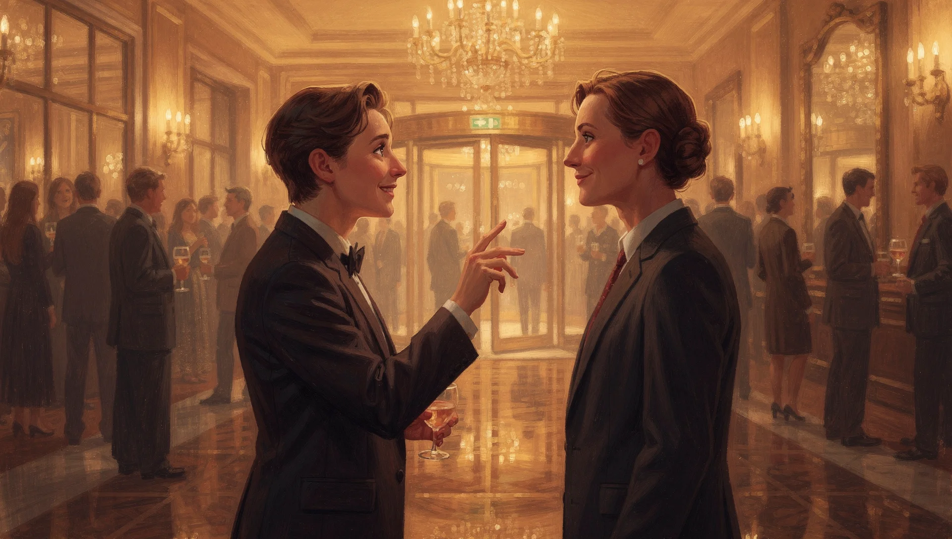 Two figures in a warm crowded event venue lobby, one pointing at the other in a moment of sudden recognition, the crowd blurred in the golden light behind them