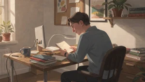 A person sitting alone at a desk in a quiet naturally lit office, leaning toward a monitor with a faint smile forming — the quiet pleasure of being the first to discover something
