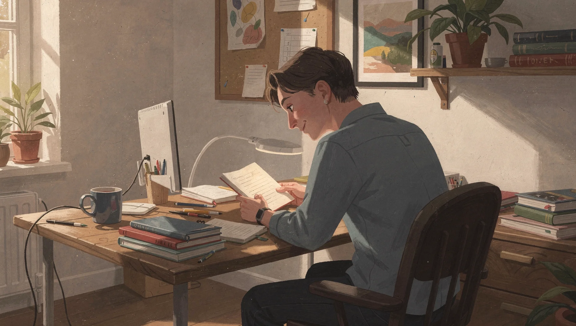 A person sitting alone at a desk in a quiet naturally lit office, leaning toward a monitor with a faint smile forming — the quiet pleasure of being the first to discover something
