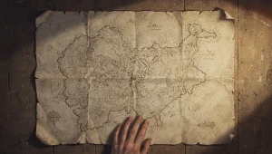 An aged hand-drawn map spread out on a wooden surface, annotated with paths traced and retraced over many years, a hand resting quietly at the edge