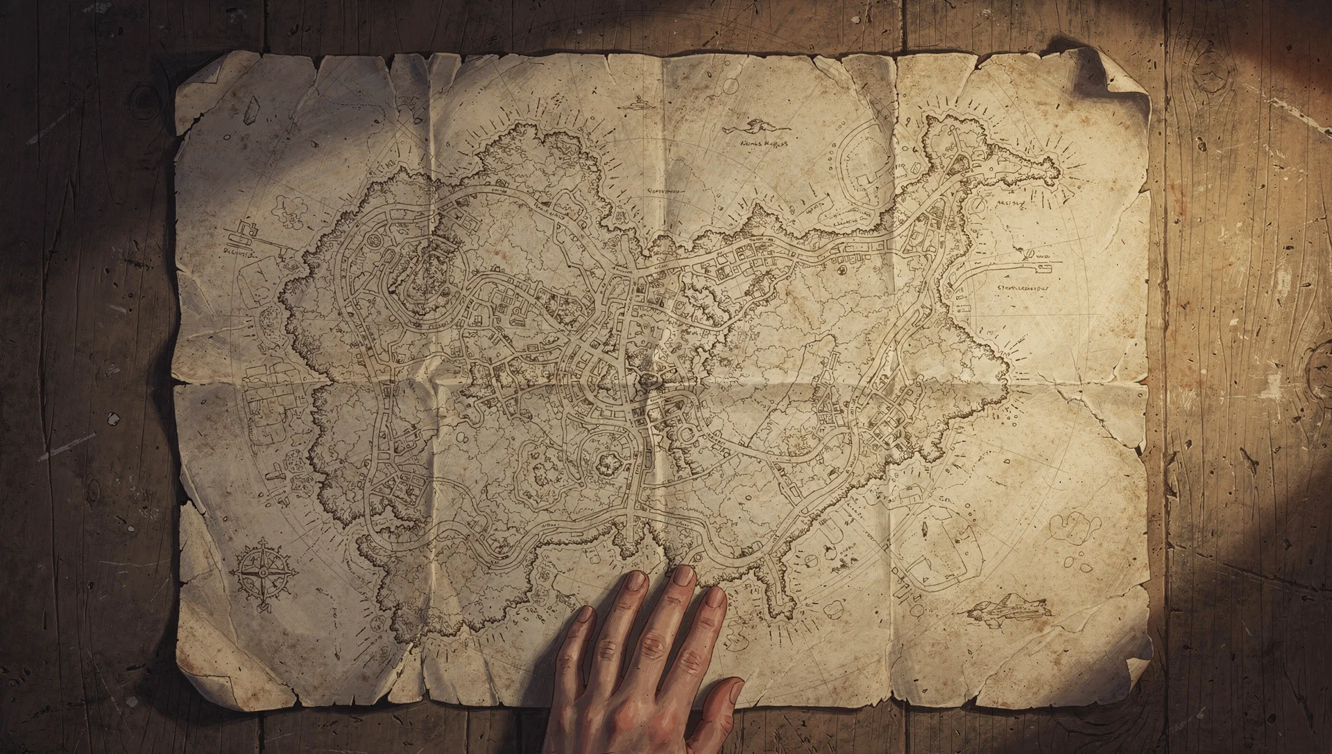 An aged hand-drawn map spread out on a wooden surface, annotated with paths traced and retraced over many years, a hand resting quietly at the edge