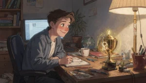 A person at a desk glancing sideways at a glowing trophy that has appeared uninvited on the corner, mildly baffled, the room ordinary and lived-in around them