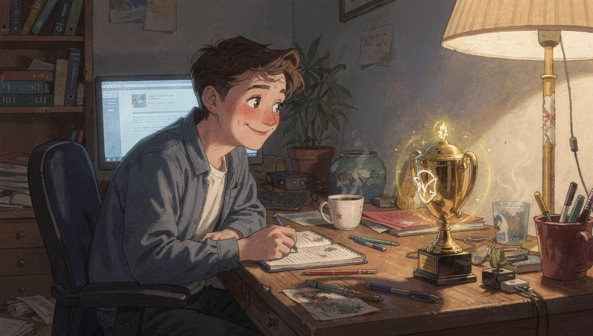 A person at a desk glancing sideways at a glowing trophy that has appeared uninvited on the corner, mildly baffled, the room ordinary and lived-in around them