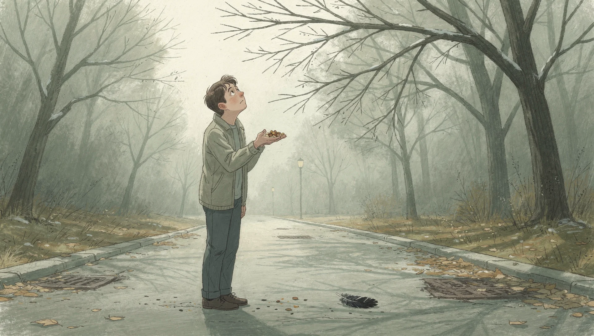 A person standing outside with hand outstretched offering nuts, looking up hopefully at completely empty tree branches — a single black feather on the ground the only evidence ravens were ever there