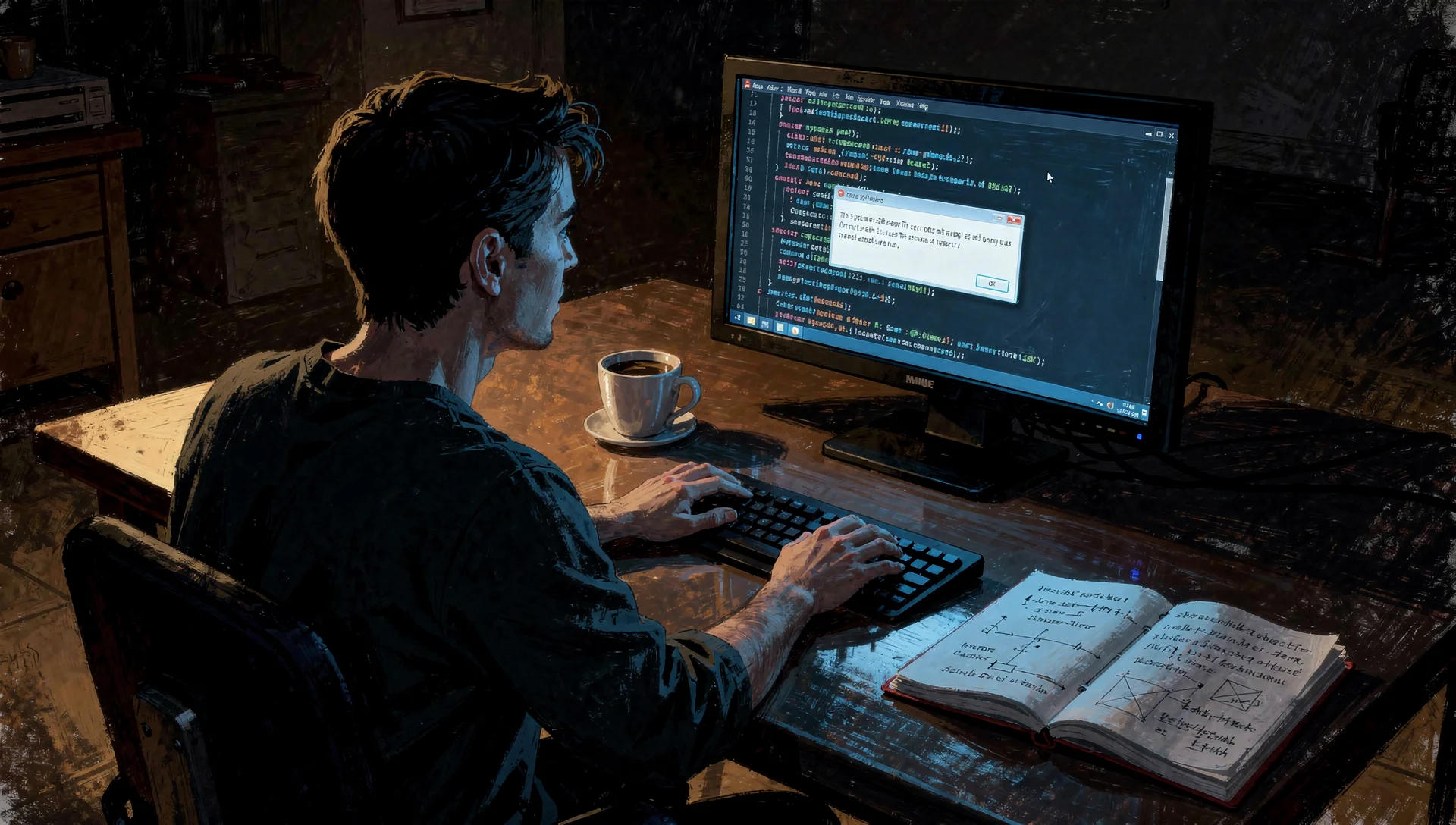A developer alone at a desk at night, calm and steady in the blue glow of a terminal screen showing an error, coffee cup and notebook nearby