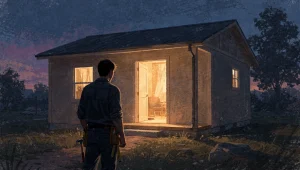 A builder standing just outside a small newly completed house at dusk, warm light glowing through the open door, tools in hand but not entering — the house finished and ready for someone else