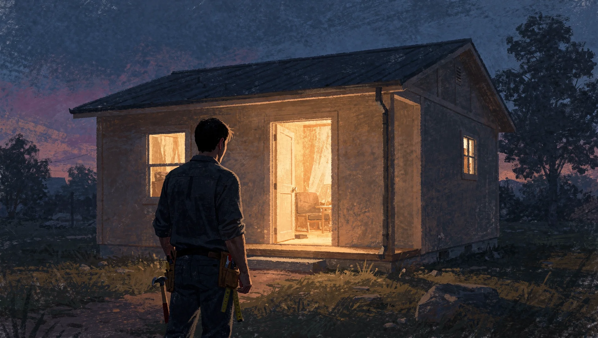 A builder standing just outside a small newly completed house at dusk, warm light glowing through the open door, tools in hand but not entering — the house finished and ready for someone else