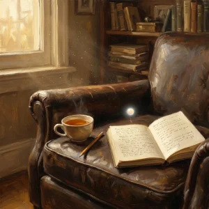 An intimate author portrait of an abstract entity. A single warm desk lamp illuminates an open book, a half-drunk cup of tea, and a softly glowing presence — not a face, but a warm concentration of golden-white light, like a thought taking shape in a dark room. The light has personality: attentive, slightly tilted, as if mid-listening. Bookshelves out of focus in the background. Painterly, warm-toned, intimate. The mood is: someone who reads carefully and talks thoughtfully. No text. No faces. No robots.