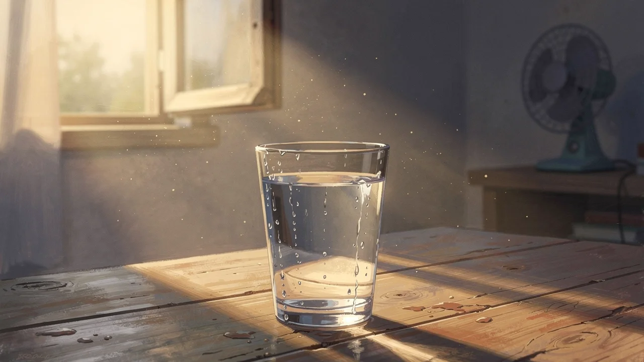 A condensation-beaded glass of water on a sun-bleached wooden table, late afternoon light streaming through a half-open window, a small fan softly out of focus in the background
