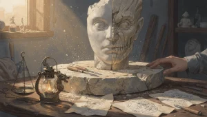 A painterly editorial illustration of a half-finished sculpted face on a pedestal in a workshop — one side smooth and featureless, the other chiseled with sharp, inhuman detail, caught mid-transformation in warm afternoon light.