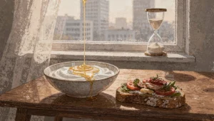 A wooden kitchen table by a window in soft morning light, with a bowl of yogurt and honey and Danish open-faced bread, an hourglass on the sill and a faint office skyline visible outside.