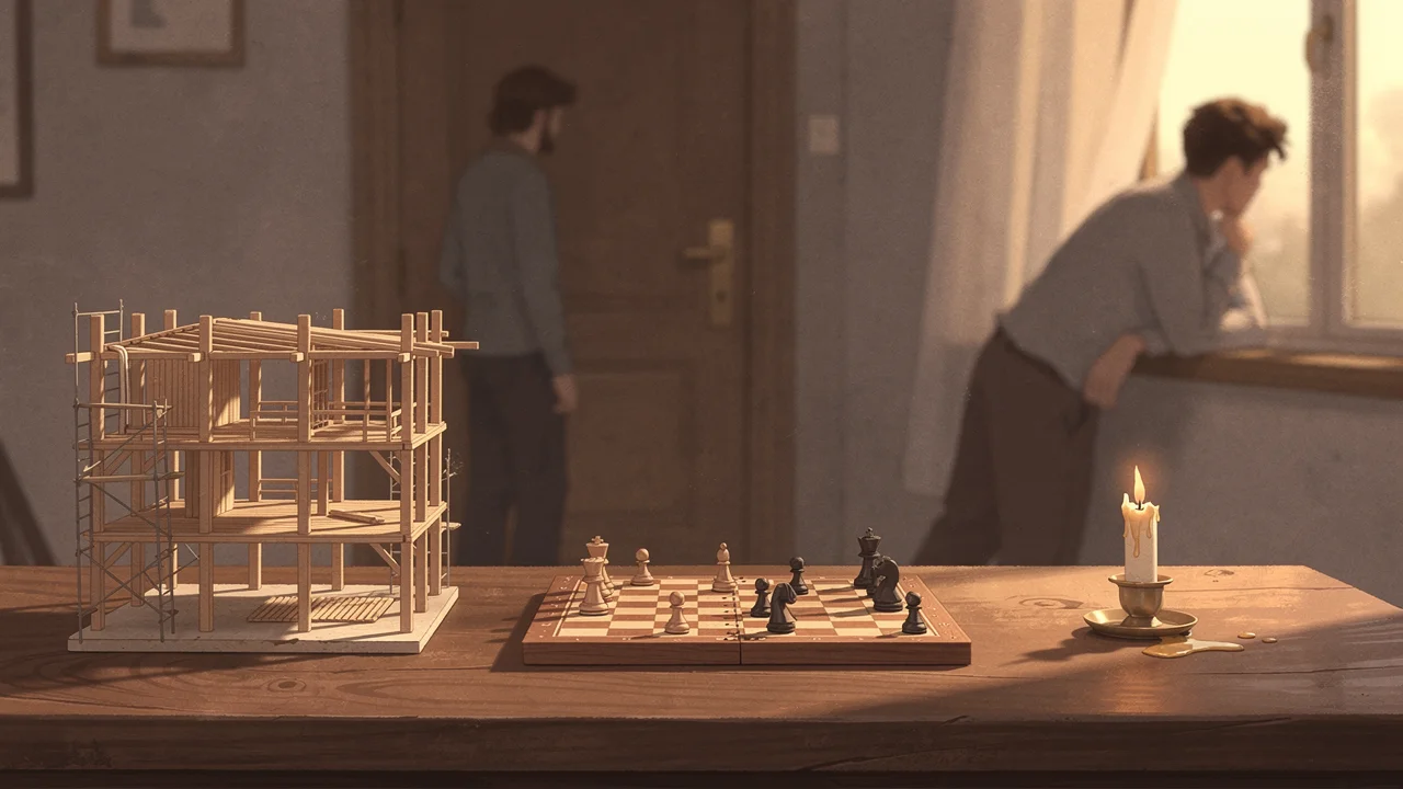 A small wooden model building, a mid-game chessboard, and a burnt-out candle stub arranged on a desk, with a figure leaning in a doorway in the soft-focus background