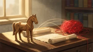 A carved wooden horse figurine, an unrolled parchment scroll, and a tangle of glowing red thread on a wooden desk, connected by faint lines of light, in warm late-afternoon window light.