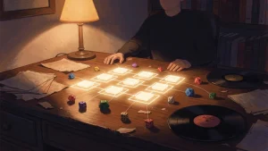 A cluttered desk at dusk where scattered papers, dice, and records seem to rearrange themselves into a glowing grid of light, with a figure watching in silhouette.