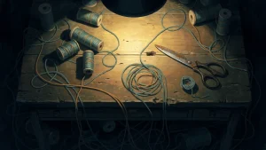 Overhead view of a wooden desk with spools of thread, most unwound in long trails vanishing into darkness, one thread neatly snipped and coiled beside a pair of scissors.