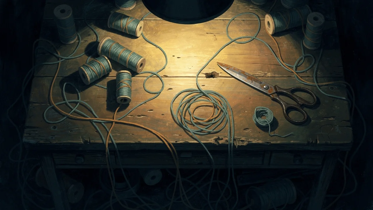 Overhead view of a wooden desk with spools of thread, most unwound in long trails vanishing into darkness, one thread neatly snipped and coiled beside a pair of scissors.