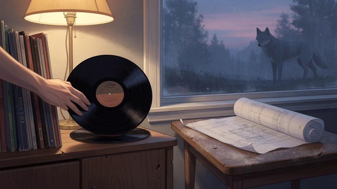 A record being placed carefully on a shelf under warm lamplight, with a forgotten rolled blueprint in the background and a wolf silhouette watching from a dusk tree line through the window