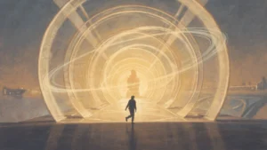 A lone figure walking through a corridor of translucent glowing rings, painterly amber and blue light, evoking a rotating ship or orbital path receding into haze.