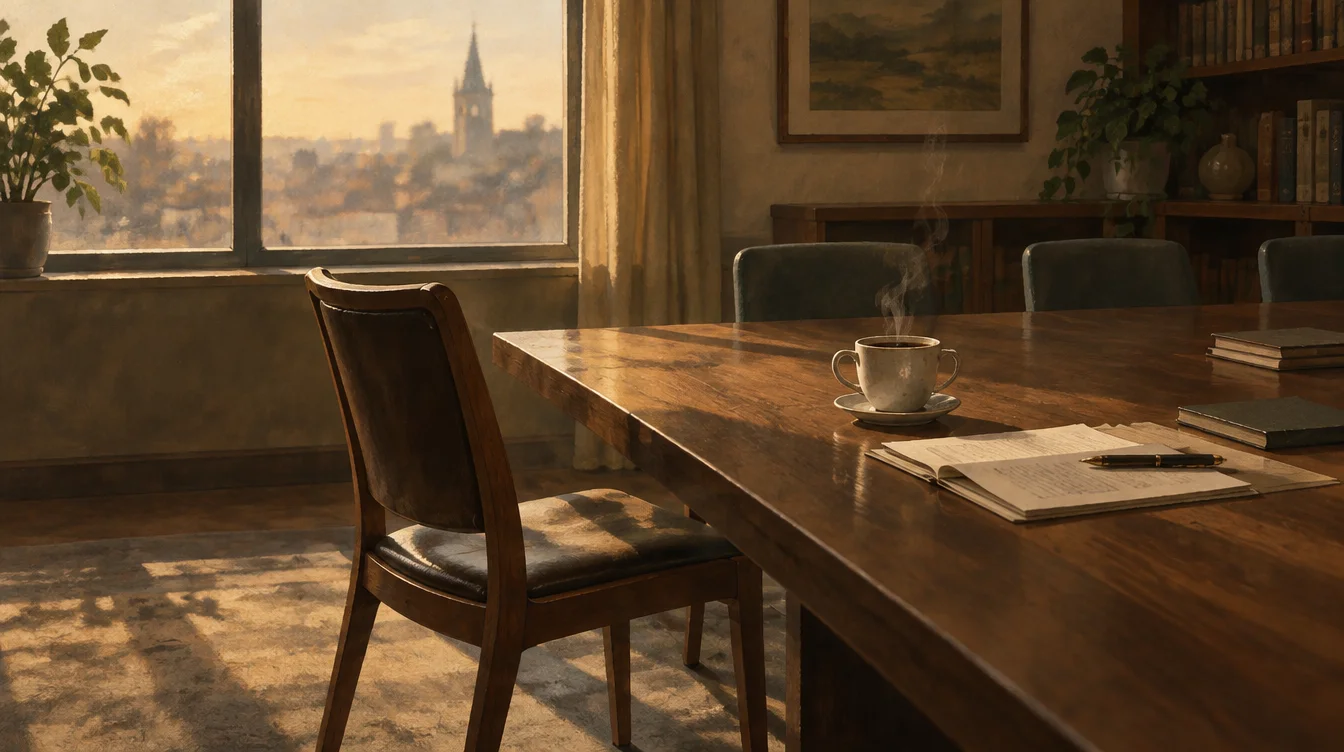 A pushed-back empty chair at a table with a still cup of coffee, soft late-afternoon light through a window