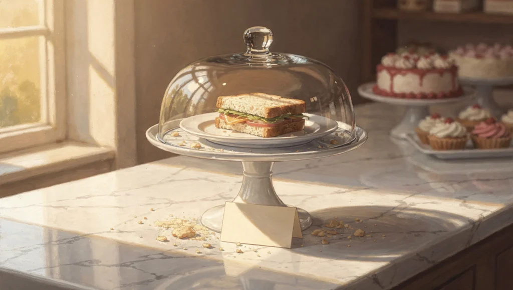 A painterly illustration of a plain sandwich on a white plate, sitting under a glass cake dome on a pedestal stand in a sunlit bakery, with a blank place card leaning against the base.